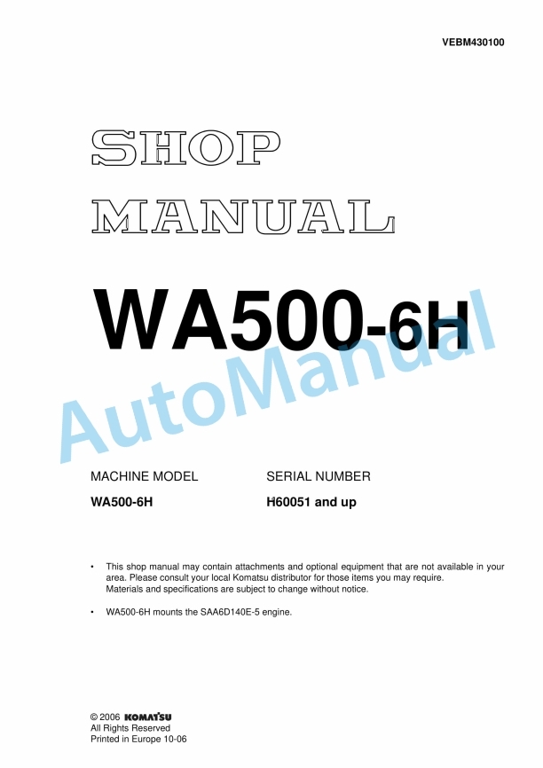 Komatsu WA500-6H Wheel Loader Shop Manual VEBM430100