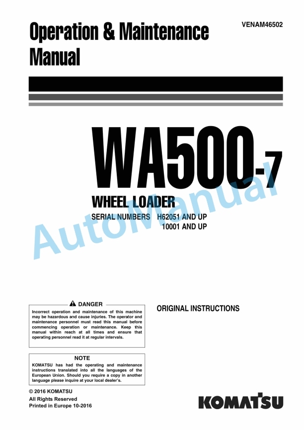 Komatsu WA500-7 Wheel Loader Operation and Maintenance Manual VENAM46502