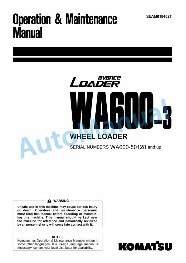 Komatsu WA600-3 Avance Wheel Loader Operation and Maintenance Manual SEAM018402T