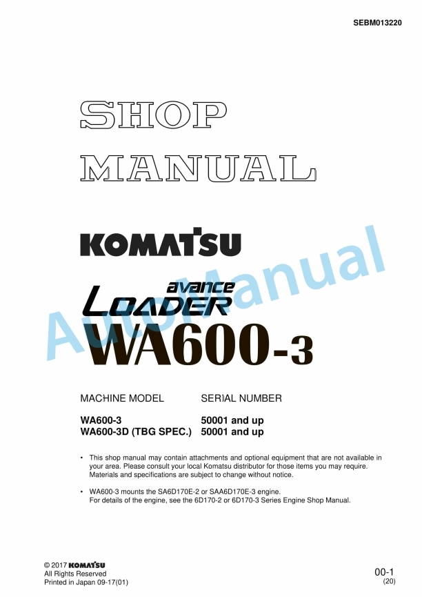 Komatsu WA600-3 Avance Wheel Loader Shop Manual SEBM013220