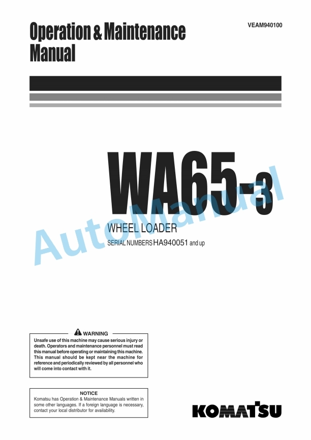 Komatsu WA65-3 Wheel Loader Operation and Maintenance Manual VEAM940100