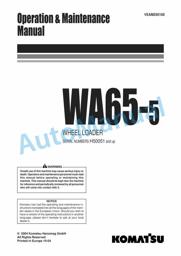 Komatsu WA65-5 Wheel Loader Operation and Maintenance Manual VEAM250100