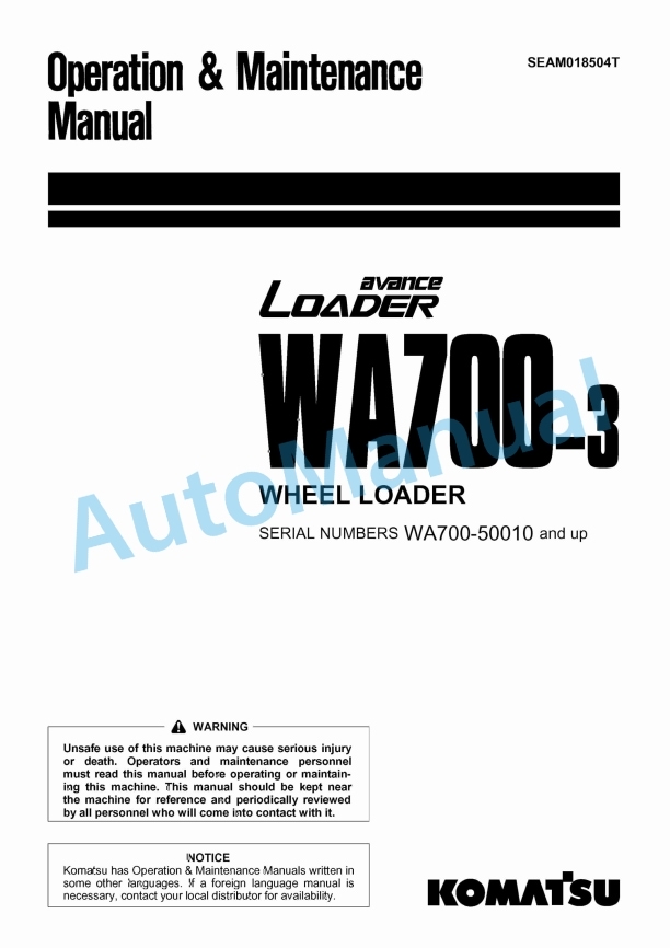 Komatsu WA700-3 Avance Wheel Loader Operation and Maintenance Manual SEAM018504T