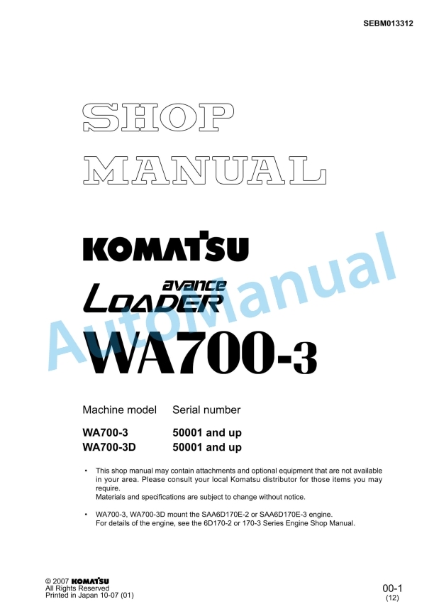 Komatsu WA700-3 Avance Wheel Loader Shop Manual SEBM013312