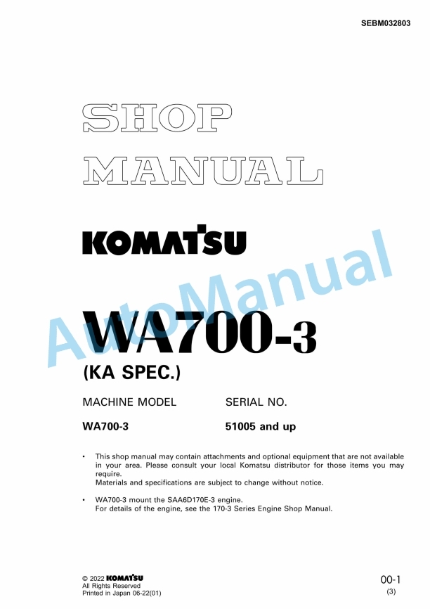 Komatsu WA700-3 KA Spec Wheel Loader Shop Manual SEBM032803