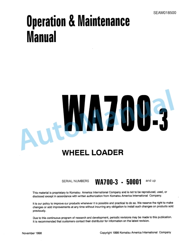 Komatsu WA700-3 Wheel Loader Operation and Maintenance Manual SEAM018500