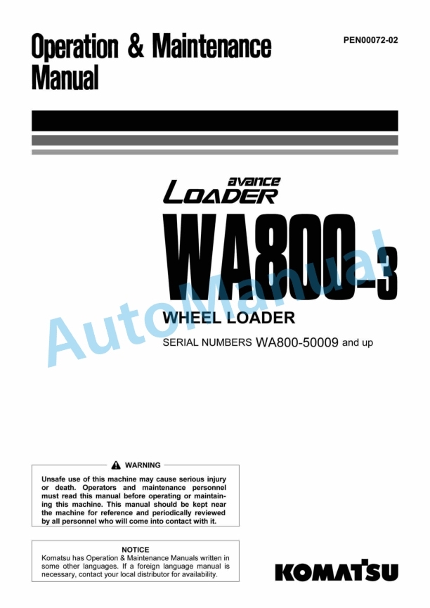 Komatsu WA800-3 Avance Wheel Loader Operation and Maintenance Manual PEN00072-02