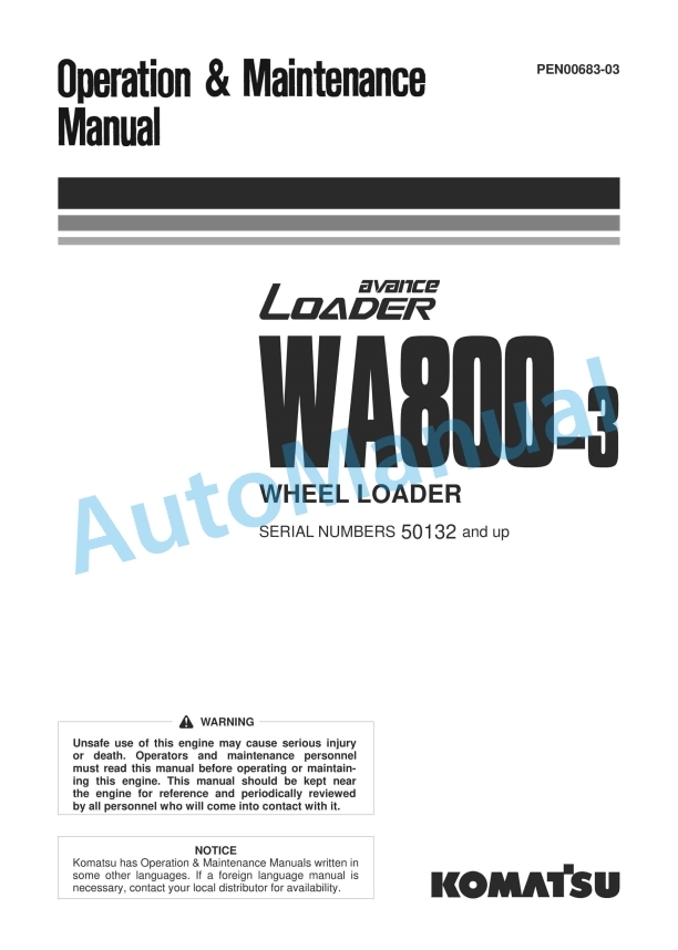 Komatsu WA800-3 Avance Wheel Loader Operation and Maintenance Manual PEN00683-03