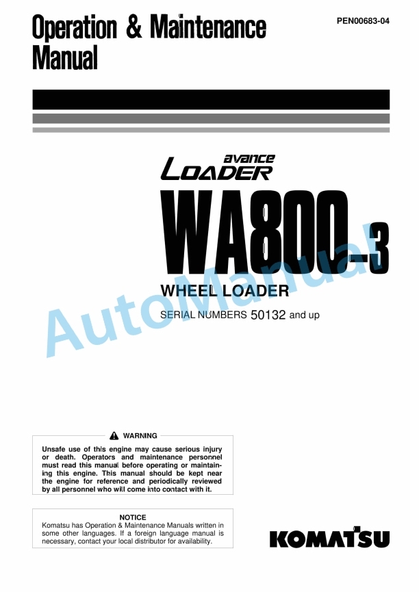 Komatsu WA800-3 Avance Wheel Loader Operation and Maintenance Manual PEN00683-04