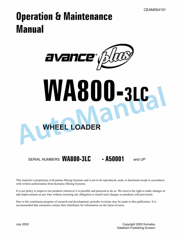 Komatsu WA800-3LC Wheel Loader Operation and Maintenance Manual CEAM004101