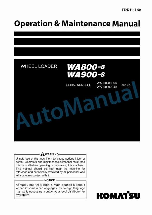 Komatsu WA800-8, WA900-8 Wheel Loader Operation and Maintenance Manual TEN01118-00