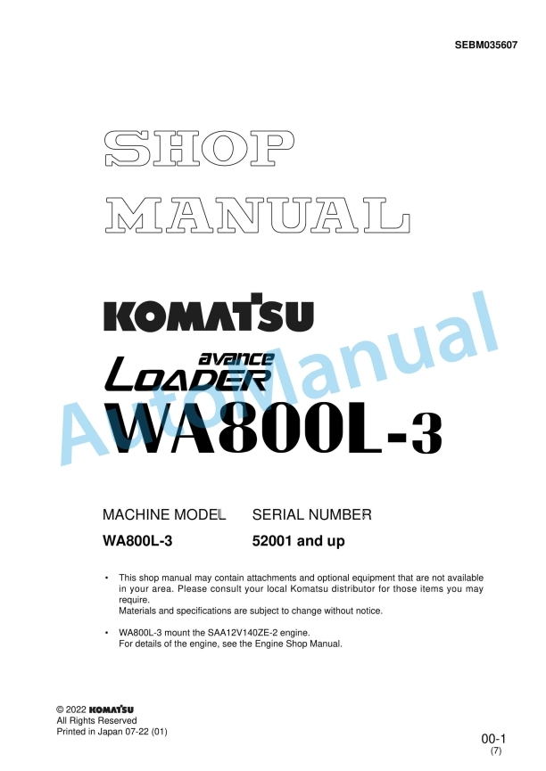 Komatsu WA800L-3 Wheel Loader Shop Manual SEBM035607