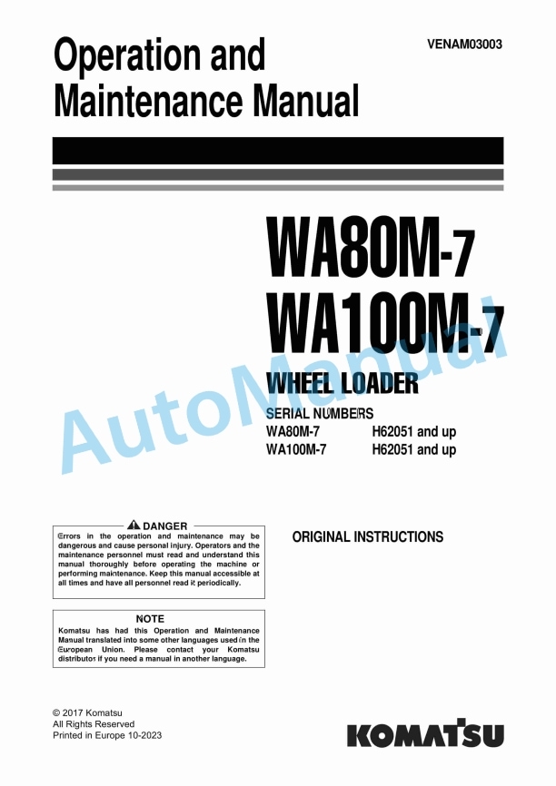Komatsu WA80M-7, WA100M-7 Wheel Loader Operation and Maintenance Manual VENAM03003