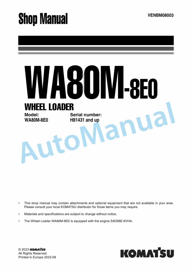 Komatsu WA80M-8E0 Wheel Loader Shop Manual VENBM08003
