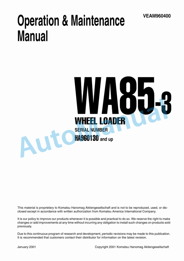 Komatsu WA85-3 Wheel Loader Operation and Maintenance Manual VEAM960400