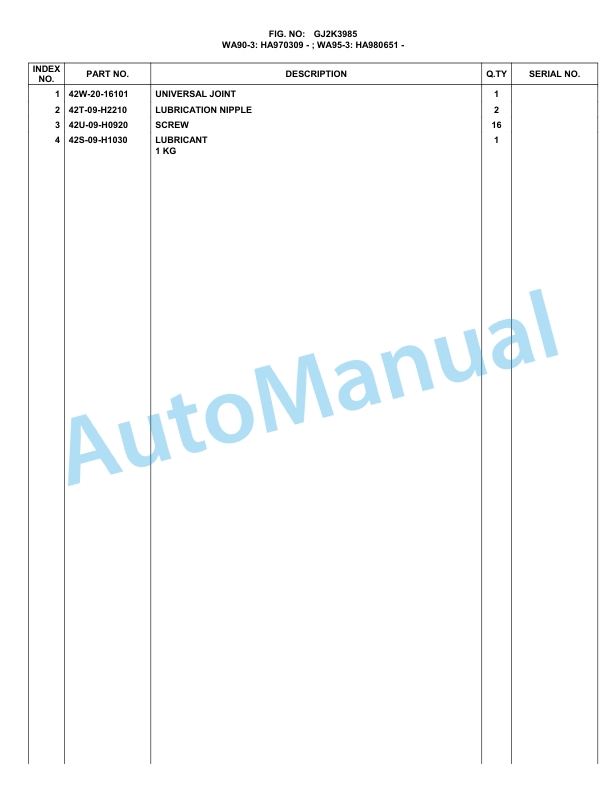 Komatsu WA90-3, WA95-3 30km_h Options Parts Manual WA9095S2 3 Komatsu WA90-3, WA95-3 30km_h Options Parts Manual WA9095S2-3
