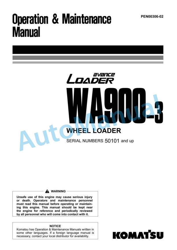 Komatsu WA900-3 Avance Wheel Loader Operation and Maintenance Manual PEN00306-02