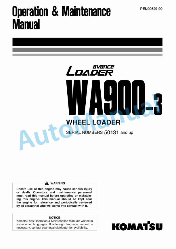 Komatsu WA900-3 Avance Wheel Loader Operation and Maintenance Manual PEN00629-00