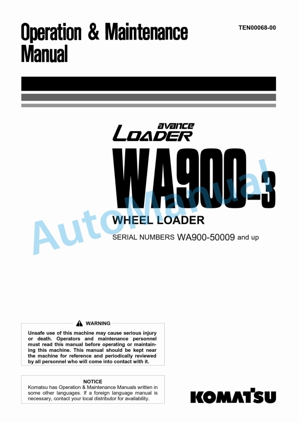Komatsu WA900-3 Avance Wheel Loader Operation and Maintenance Manual TEN00068-00