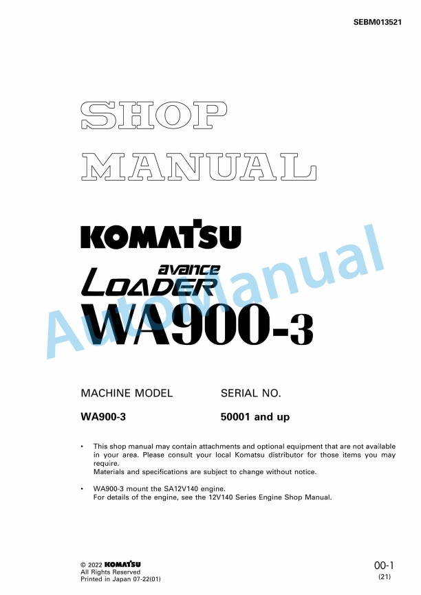 Komatsu WA900-3 Wheel Loader Shop Manual SEBM013521