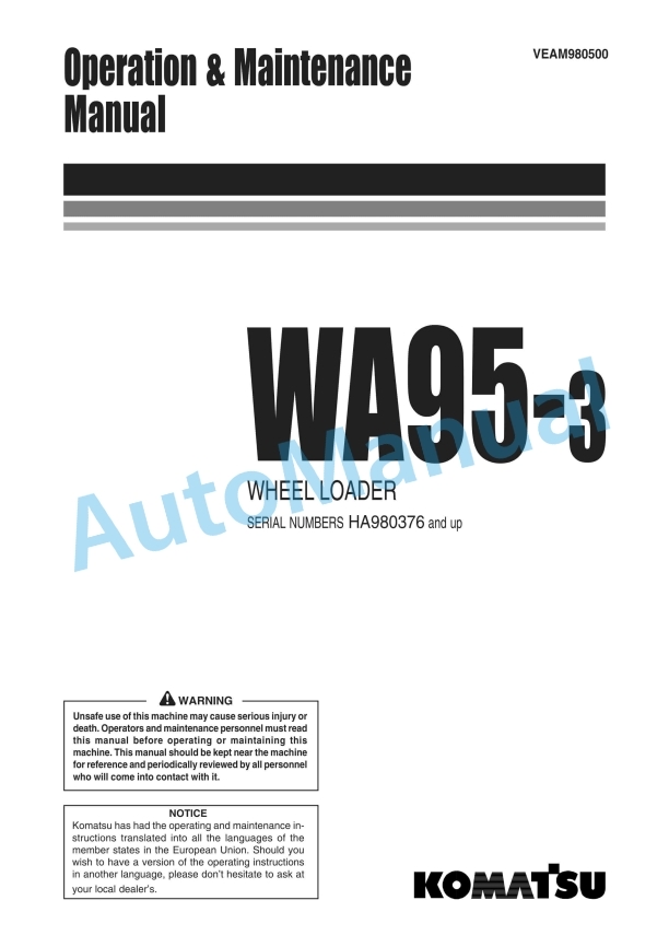 Komatsu WA95-3 Wheel Loader Operation and Maintenance Manual VEAM980500