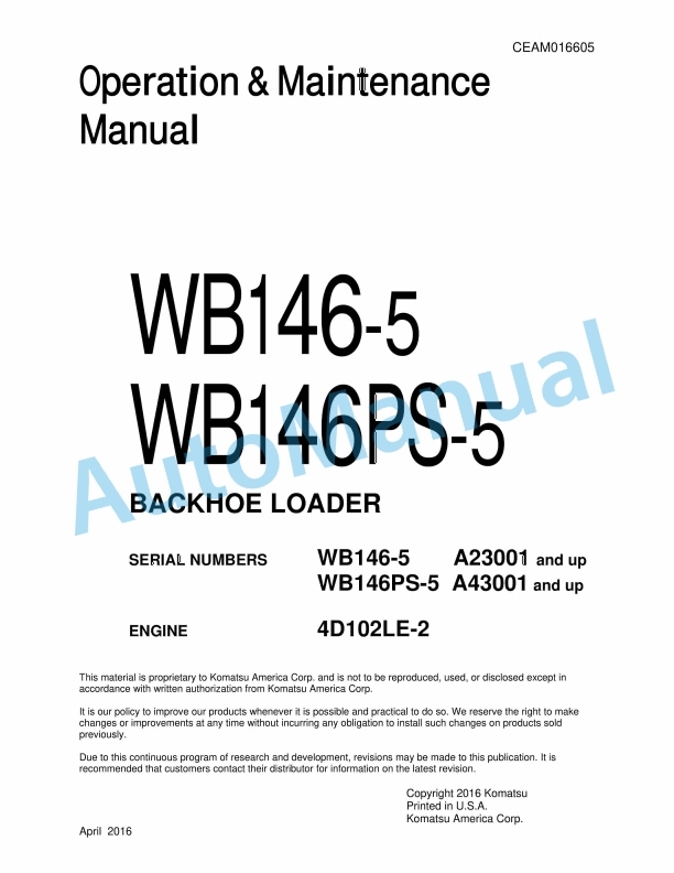 Komatsu WB146-5, WB146PS-5 Backhoe Loader Operation and Maintenance Manual CEAM016605