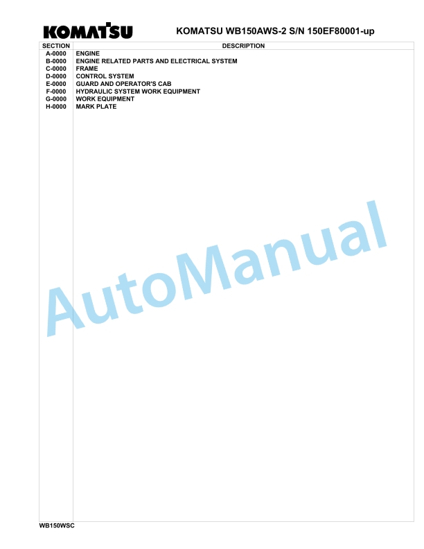 Komatsu WB150AWS-2 Backhoe Loader Parts Manual 150EF80001-up