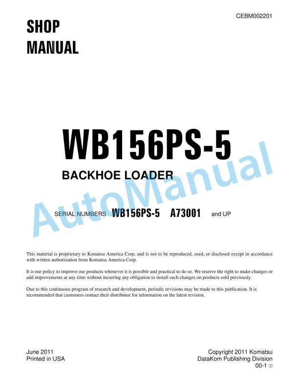 Komatsu WB156PS-5 Backhoe Loader Shop Manual CEBM002201