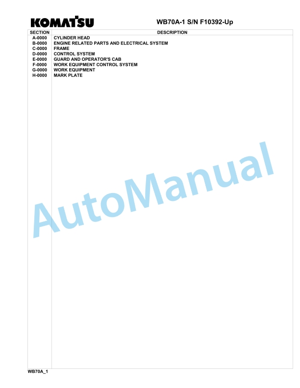 Komatsu WB70A-1 Backhoe Loader Parts Manual F10392-up