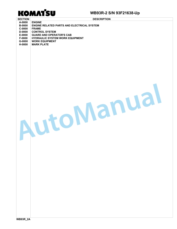 Komatsu WB93R-2 Backhoe Loader Parts Manual 93F21638-up