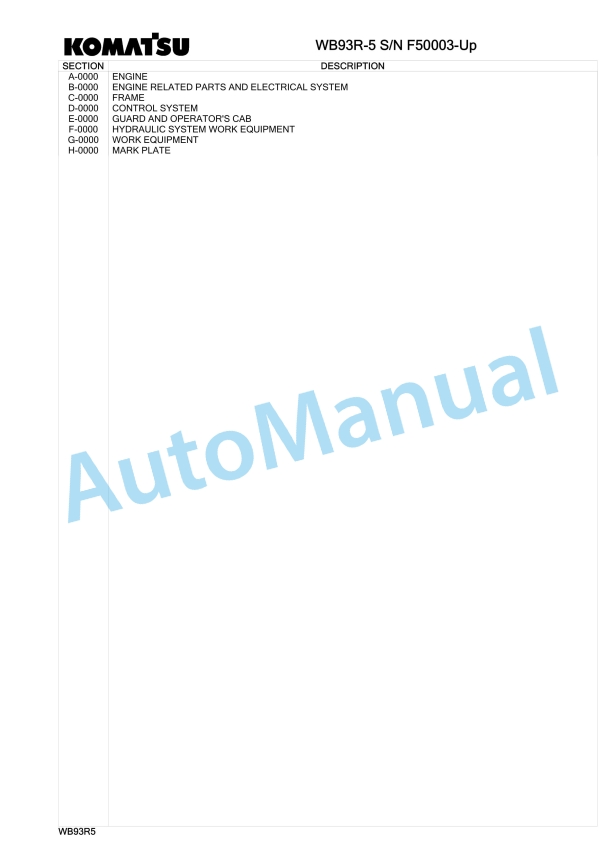 Komatsu WB93R-5 Backhoe Loader Parts Manual F50003