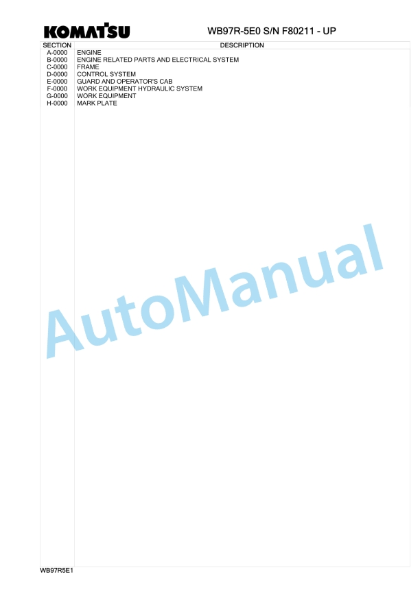 Komatsu WB97R-5E0 Backhoe Loader Parts Manual F80211