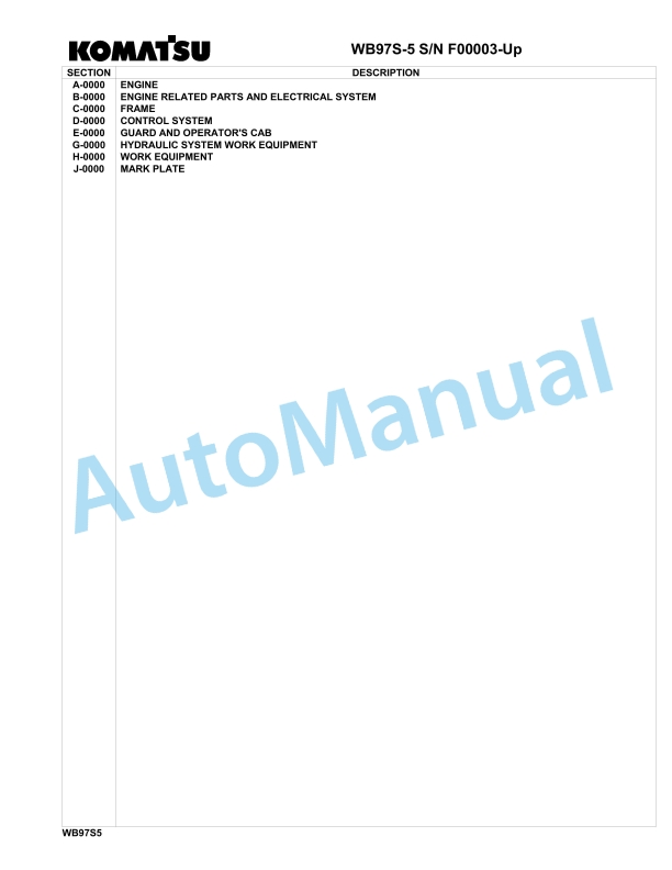 Komatsu WB97S-5 Backhoe Loader Parts Manual F00003-up