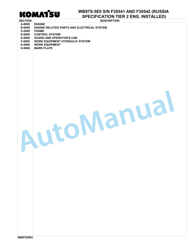 Komatsu WB97S-5E0 Backhoe Loader Parts Manual - F30541 - F30542