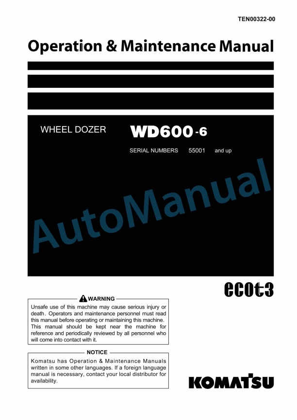 Komatsu WD600-6 Wheel Dozer Operation and Maintenance Manual TEN00322-00
