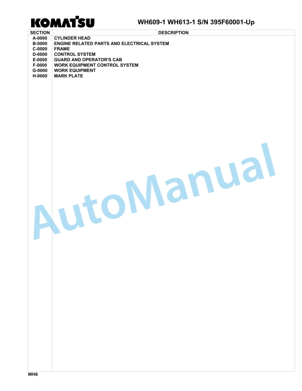 Komatsu WH609-1, WH613-1 Parts Manual 395F60001-UP