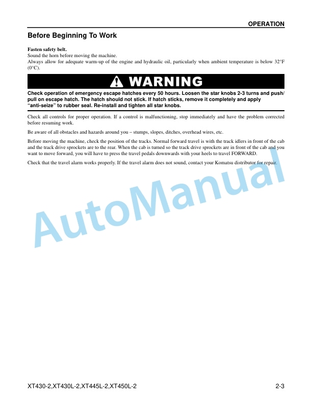 Alternative view of Komatsu XT430-2, XT430L-2, XT445L-2, XT450L-2 Crawler Feller Buncher Operation and Maintenance Manual CEAM025604