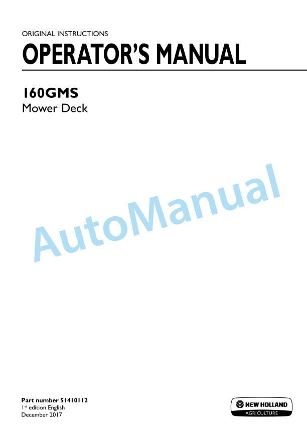 New Holland 160GMS Mower Deck Operation and Maintenance Manual 51410112