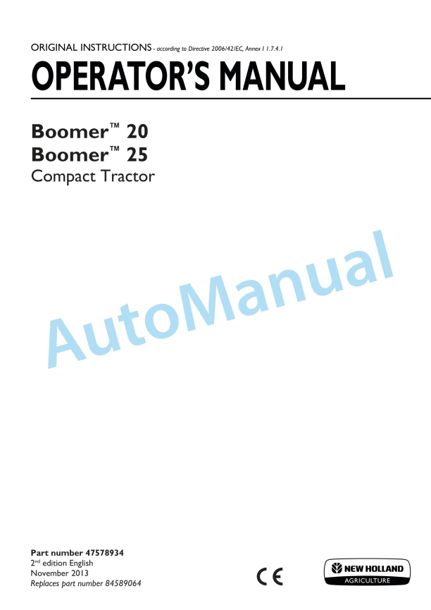 New Holland 20, 25 Boomer Compact Tractor Operation and Maintenance Manual 47578934
