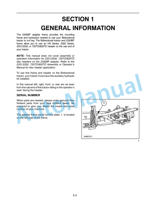 Alternative view of New Holland 2330BF Adapter Frame Operation and Maintenance Manual 87716208