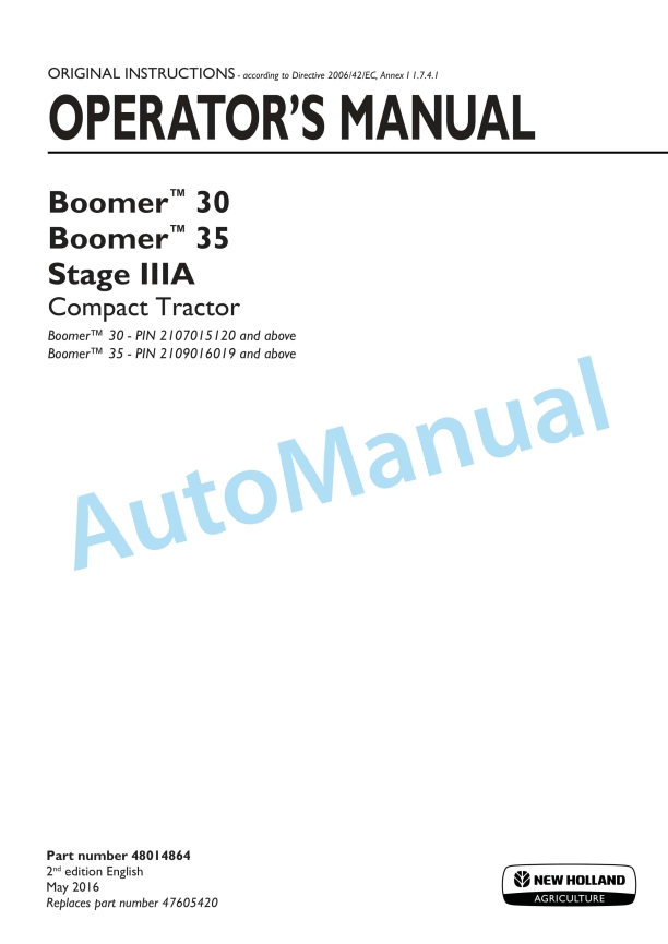 New Holland 30, 35 Boomer Stage IIIA Compact Tractor Operation and Maintenance Manual 48014864