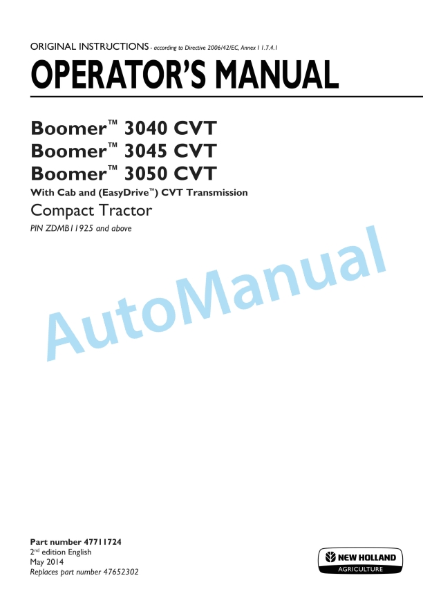 New Holland 3040 CVT, 3045 CVT, 3050 CVT Boomer Compact Tractor Operation and Maintenance Manual 47711724