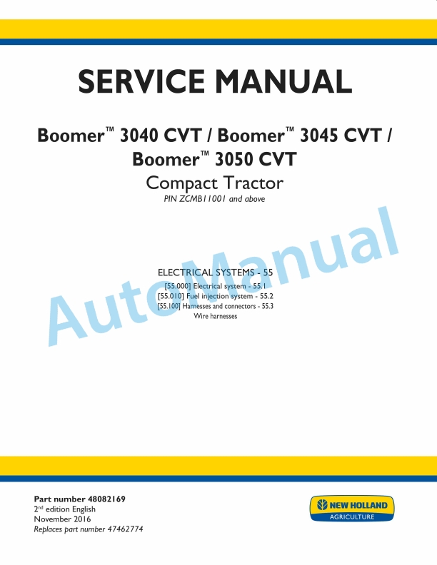 New Holland 3040 CVT, 3045 CVT, 3050 CVT Boomer Compact Tractor Service Manual 48082169