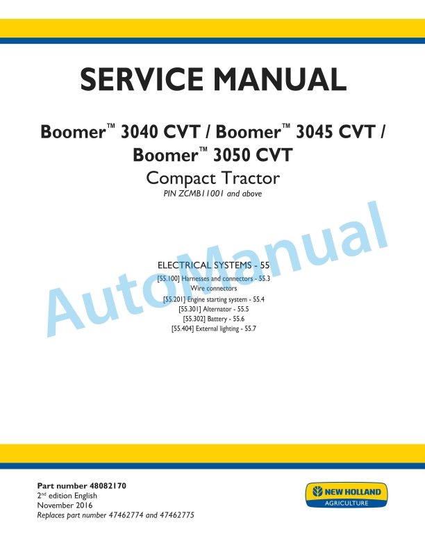 New Holland 3040 CVT, 3045 CVT, 3050 CVT Boomer Compact Tractor Service Manual 48082170