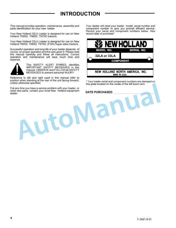 New Holland 32LA, 33LA Quick Attach Farm Loader Operation and Maintenance Manual 86642394 2 New Holland 32LA, 33LA Quick Attach Farm Loader Operation and Maintenance Manual 86642394-2