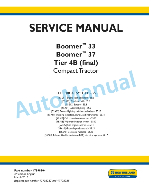 New Holland 33, 37 Boomer Tier 4B Final Compact Tractor Service Manual 47998504