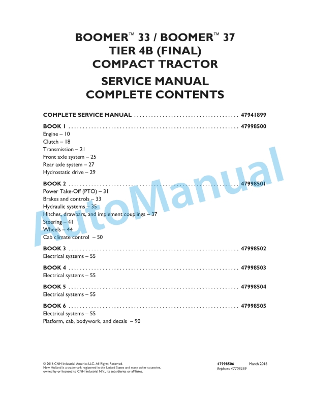 New Holland 33, 37 Boomer Tier 4B Final Compact Tractor Service Manual 47998506