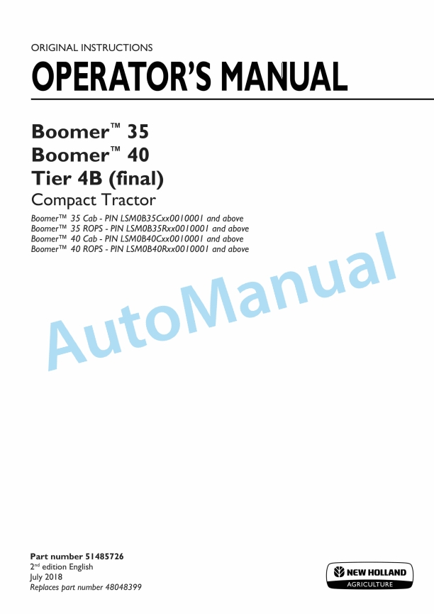 New Holland 35, 40 Boomer Tier 4B Final Compact Tractor Operation and Maintenance Manual 51485726