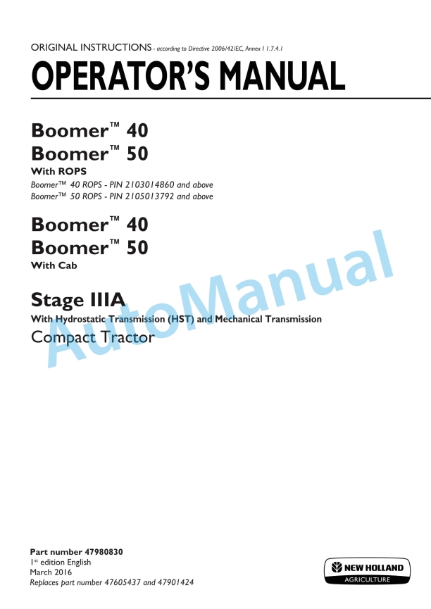New Holland 40, 50 Boomer With ROPS, Cap Stage IIIA Compact Tractor Operation and Maintenance Manual 47980830