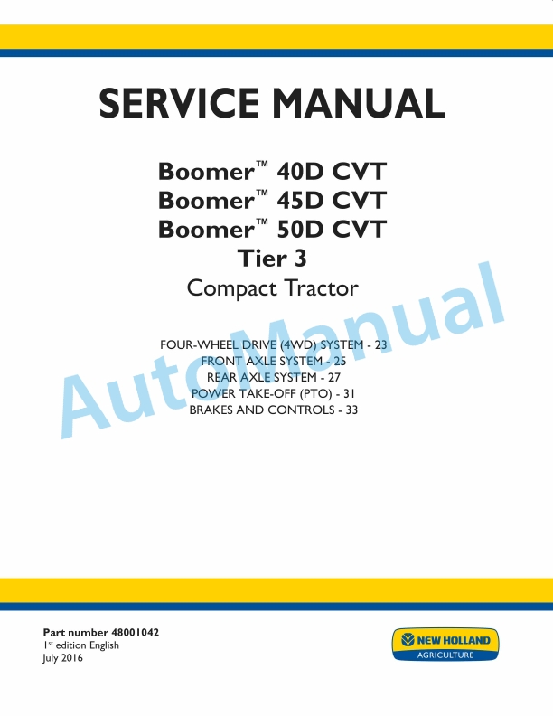 New Holland 40D CVT, 45D CVT, 50D CVT Boomer Tier 3 Compact Tractor Service Manual 48001042